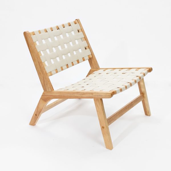 LuxenHome Natural Rubberwood with White PU Leather Low Profile Armless Accent Chair, Set of 2