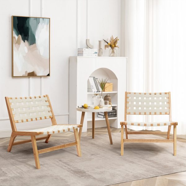 LuxenHome Natural Rubberwood with White PU Leather Low Profile Armless Accent Chair, Set of 2 - Image 2