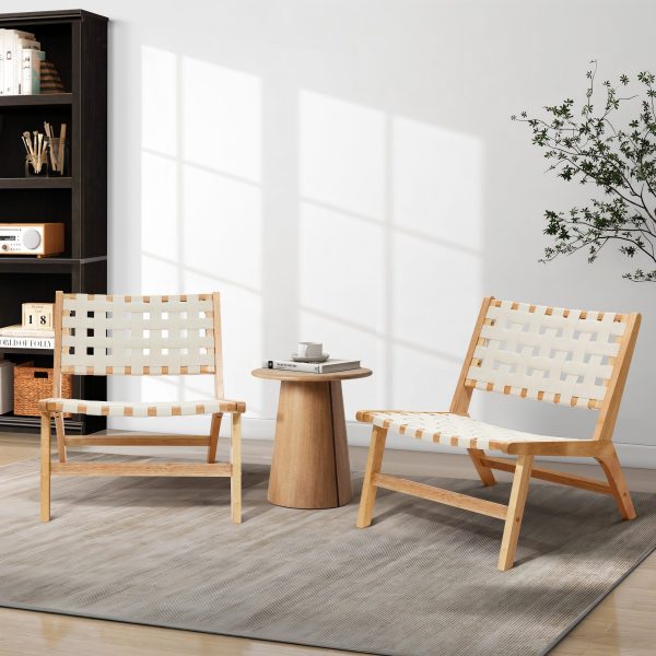 LuxenHome Natural Rubberwood with White PU Leather Low Profile Armless Accent Chair, Set of 2 - Image 3