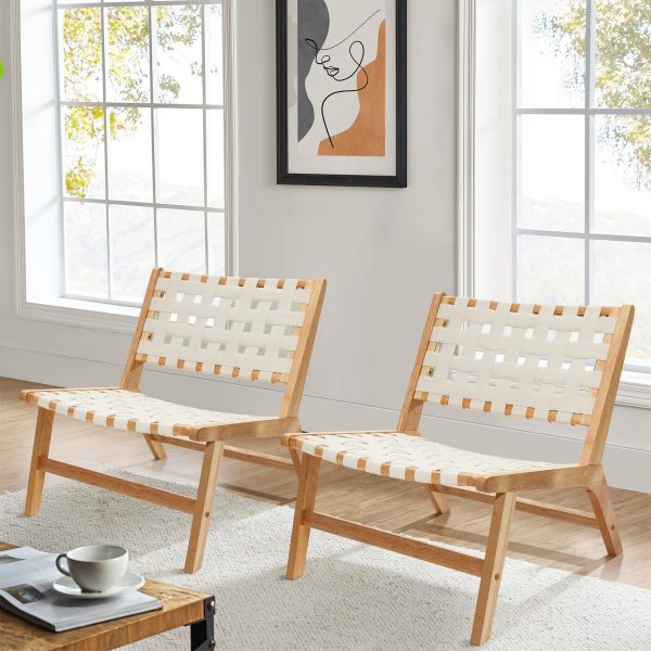 LuxenHome Natural Rubberwood with White PU Leather Low Profile Armless Accent Chair, Set of 2 - Image 4