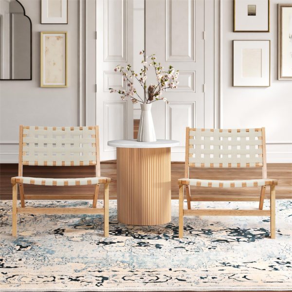LuxenHome Natural Rubberwood with White PU Leather Low Profile Armless Accent Chair, Set of 2 - Image 5