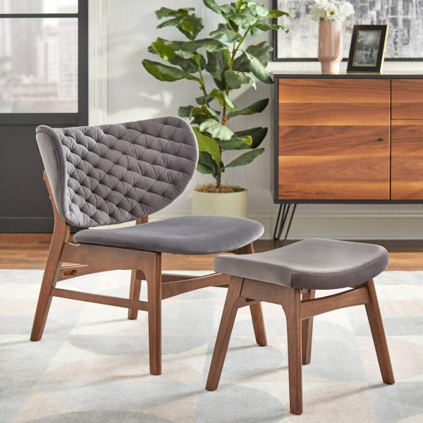 Sense Lounge Chair Gray - Lifestorey: Velvet Upholstery, Mid-century Design, Rubberwood Legs - Image 3